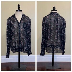 Paige Everleigh Floral Print Silk Blouse Black Blush Storm Grey Montreal Size M